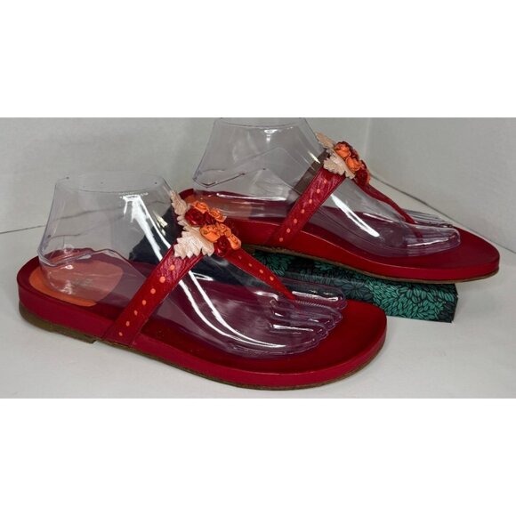 VTG Stuart Weitzman Red Leather Sandals 8.5 Floral Applique Thong Y2K Boho Vacay - Picture 9 of 16